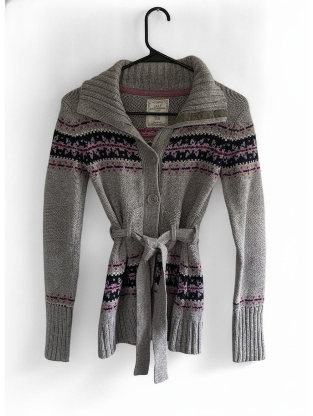 H&M Women's Gray Knit Cardigan with Pink and Black Geometric Pattern, Size S